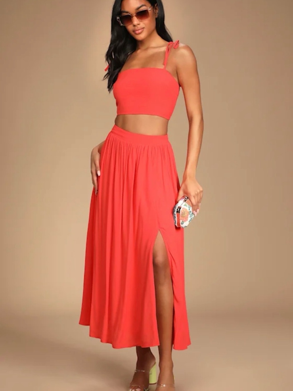 Lulu's Coral Two Piece Tie-Strap Maxi top and Skirt with Side Slit